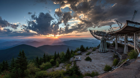 This image captures an abandoned observatory at sunset, showcasing a stunning mountain landscape filled with clouds and vibrant colors, evoking a sense of exploration and nostalgia.の素材