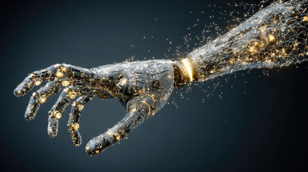 A stunning illustration of a futuristic robotic hand reaching out with sparkling digital particles. This captivating design represents innovation and technology.の素材