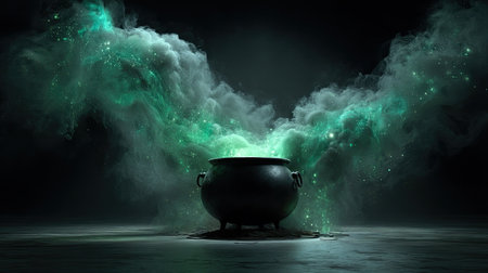 A captivating cauldron emits enchanting green smoke and glowing sparkles, creating a mystical atmosphere. Perfect for fantasy-themed projects and artwork.の素材