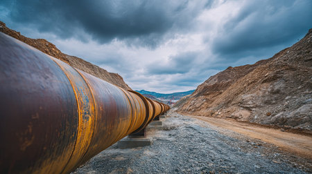 A dramatic view of a long industrial pipeline stretching through rocky terrain under a moody sky. The scene reflects engineering and nature's blend.の素材