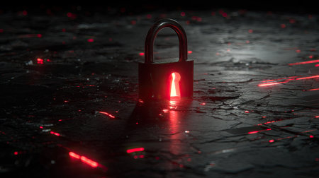 A striking padlock sits on a dark, reflective surface, illuminated by a vivid red light from its keyhole. The image evokes themes of security and mystery.の素材