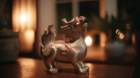 A stunning silver lion statue stands elegantly, showcasing intricate details in soft ambient light. This decorative piece enhances any indoor space with its artistic charm.の素材
