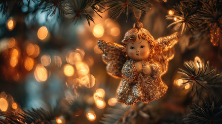 A charming angel ornament hangs gracefully on a Christmas tree, surrounded by soft bokeh lights. This scene captures the essence of festive beauty and warmth.の素材