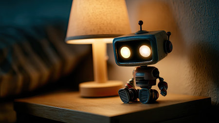A charming vintage-style robot toy sits beside a warm lamp, creating an inviting atmosphere. The soft glow highlights details, evoking nostalgia and creativity.の素材