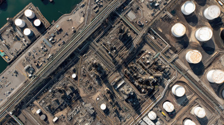 Insightful aerial view showcasing an oil refinery with intricate pipelines and large storage tanks, highlighting complex industrial processes in a coastal environment.の素材