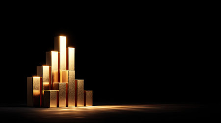 A captivating arrangement of glowing golden blocks creates an elegant abstract design against a dark background, evoking modern minimalism and creativity.の素材