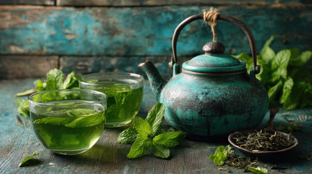Explore the essence of tranquility with this vintage teapot and fresh mint beside warm green tea. Perfect for creating a soothing and inviting atmosphere.の素材