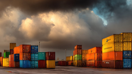 A vibrant scene featuring colorful shipping containers stacked at an industrial port. Dramatic clouds loom over the site, creating a striking atmosphere.の素材