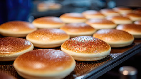 A collection of freshly baked soft buns cooling on a baking tray, showcasing the golden-brown texture and appealing shine, perfect for culinary visuals.の素材