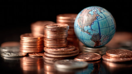 A close-up image featuring stacks of coins alongside a globe, showcasing the connection between currency and global geography. Ideal for finance themes.の素材