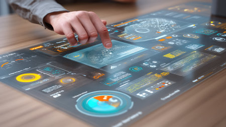 A close-up view of an interactive touchscreen showcasing data visualizations and management metrics. The innovative design highlights user engagement with technology.の素材