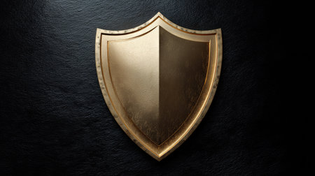 A stunning golden shield design against a dark textured background symbolizes strength and protection. Perfect for themes of defense, authority, and security.の素材
