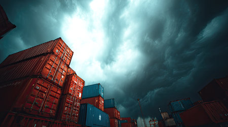 Ominous storm clouds gather over a shipping container yard, showcasing vibrant orange and blue containers against a dramatic sky, perfect for industrial themes.の素材