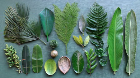 A diverse collection of green leaves and foliage arranged in an artistic display on a textured surface, showcasing the beauty and variety of plant life.の素材