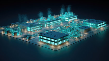 This striking digital artwork presents a futuristic industrial complex illuminated in neon colors, featuring advanced machinery and a unique steampunk design.の素材