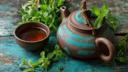 An enchanting rustic teapot surrounded by fresh mint leaves and a bowl of tea, set against a weathered wooden background, evokes warmth and comfort.の素材