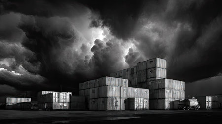 A striking black and white image featuring industrial shipping containers under dark, stormy clouds. The composition captures the contrast between structure and nature.の素材