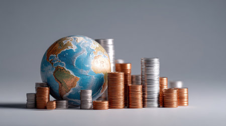 A close-up view of a globe surrounded by coins representing global economy and financial growth. The image symbolizes investment, wealth, and financial strategy.の素材