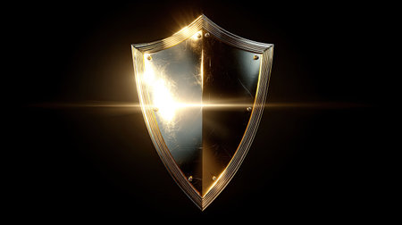 A stunning golden shield reflecting light against a deep black background, symbolizing strength, protection, and elegance. Perfect for digital artwork or branding.の素材