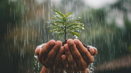 Hands cradle a young plant as rain falls gently, symbolizing growth, nature, and sustainability. This image captures the beauty of nurturing life amidst a lush backdrop.の素材