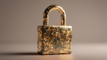 This elegant golden lock sparkles with glittering details, presenting a luxurious concept of security and protection in a creative and artistic way.の素材
