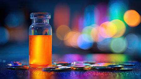 A vivid glass vial filled with orange liquid stands out against a shimmering backdrop of colorful bokeh lights, highlighting a festive and vibrant atmosphere.の素材