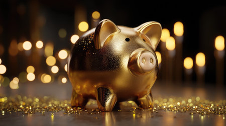 A stunning golden piggy bank shines against a backdrop of sparkling lights, symbolizing wealth and savings. Ideal for financial themes and prosperity concepts.の素材