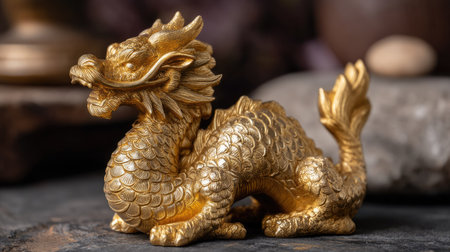 A stunning golden dragon sculpture showcasing intricate details and craftsmanship. This decorative piece enhances any space with its mythological charm and elegance.の素材
