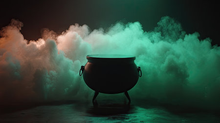 A striking image of a dark cauldron enveloped in colorful smoke. The surreal atmosphere creates a mystical vibe, perfect for fantasy themes and Halloween events.の素材