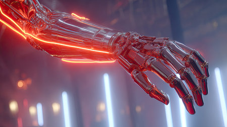 A stunning futuristic robotic arm featuring a sleek metallic design and vibrant neon accents. Perfect for showcasing advanced technology in modern settings.の素材