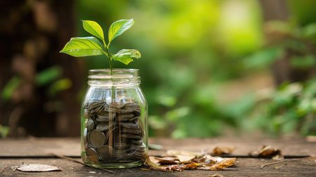 A clear jar filled with coins showcases a vibrant green plant sprouting from the center. This image symbolizes growth, investment, and financial prosperity in a natural setting.の素材