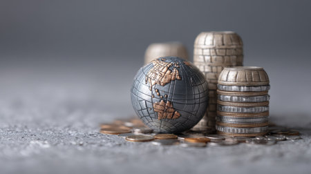 A detailed globe model rests among a stack of coins, illustrating global finance and investment concepts. The composition highlights currency and economic themes against a grey backdrop.の素材