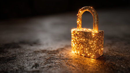 A captivating gold padlock sparkles with glittering lights on a dark surface, symbolizing security and protection. Perfect for concepts of safety and access.の素材