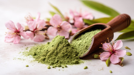This image features a scoop of green powder beside delicate pink flowers, capturing the essence of nature and wellness. Perfect for health-themed projects.の素材
