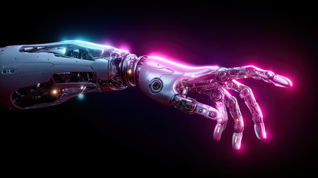 This striking image showcases a futuristic robotic hand with intricate details and a neon glow, representing the convergence of technology and art in modern design.の素材