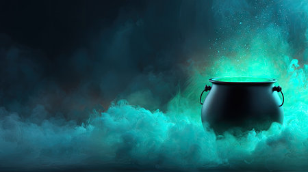 A captivating black cauldron emits a mystical glow with blue and green smoke swirling around it. Perfect for themes of magic, fantasy, and Halloween.の素材