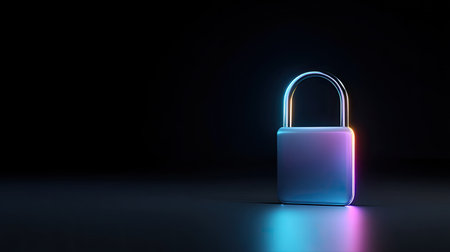 This vivid image features a modern neon lock against a dark background, symbolizing security and privacy in the digital age. The glow emphasizes its sleek design.の素材