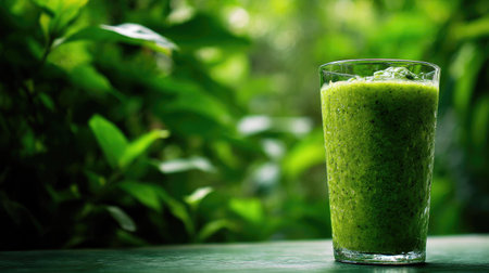 A vibrant green smoothie rests in a glass basking in nature's beauty. This refreshing drink combines nutritious ingredients perfect for health enthusiasts.の素材