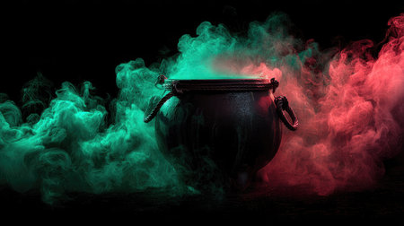 A captivating black cauldron emits vibrant green and red smoke, creating a mystical atmosphere. Perfect for themes of magic, Halloween, and fantasy art.の素材
