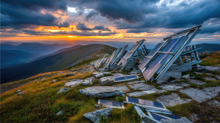 Breathtaking view of solar panels set on a mountain ridge at sunset, capturing the intersection of nature and renewable energy. The dramatic clouds enhance the scenic beauty.の素材