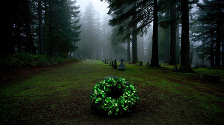A tranquil cemetery scene featuring a green wreath on the ground amidst a misty forest. This image evokes feelings of remembrance and peace in nature's solitude.の素材