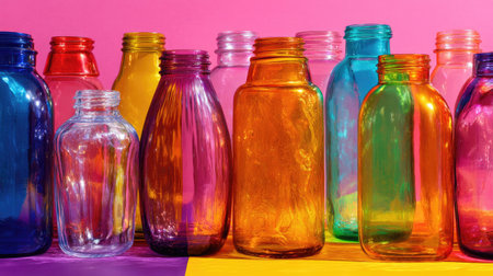 A stunning arrangement of colorful glass bottles in various shapes sits against a bright pink and orange backdrop, creating a vibrant and artistic still life display.の素材