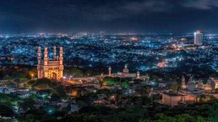 Capture a stunning night view of a vibrant cityscape featuring historic monuments illuminated against a backdrop of twinkling lights, showcasing cultural richness.の素材