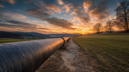 A striking industrial pipeline extends through a serene landscape, framed by a vibrant sunset and soft clouds, highlighting the beauty of nature interwoven with infrastructure.の素材