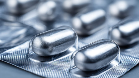 A detailed close-up image showcasing silver capsules in blister packaging. This photograph highlights modern healthcare and pharmaceutical products, ideal for medical-themed projects.の素材