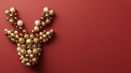 A unique holiday decoration featuring a reindeer shape formed with colorful ornaments on a warm red background. Perfect for festive celebrations.の素材