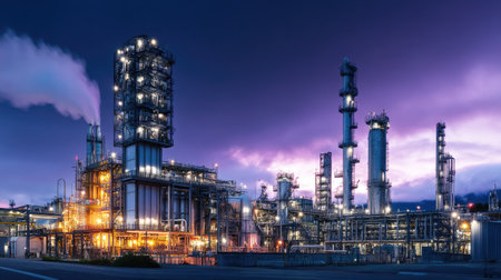 This image captures an industrial oil refinery at dusk, showcasing illuminated structures and machinery. The scene highlights the complexity and scale of modern energy production.の素材