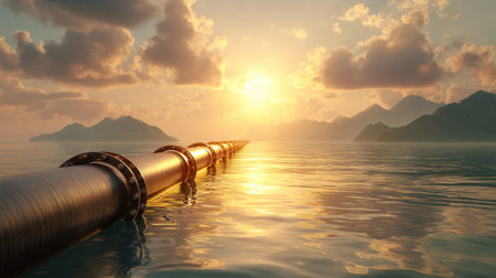 A stunning sunset illuminates calm waters as a long pipeline stretches towards distant mountains, offering a serene view that blends nature and industry.の素材