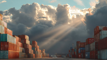 A stunning view of a shipping container yard at sunset, showcasing colorful containers stacked high against a dramatic sky filled with clouds and sun rays.の素材