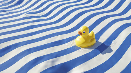A cheerful yellow rubber duck floats gently on a blue and white striped surface, embodying playful summer vibes and childhood nostalgia, perfect for creative projects.の素材